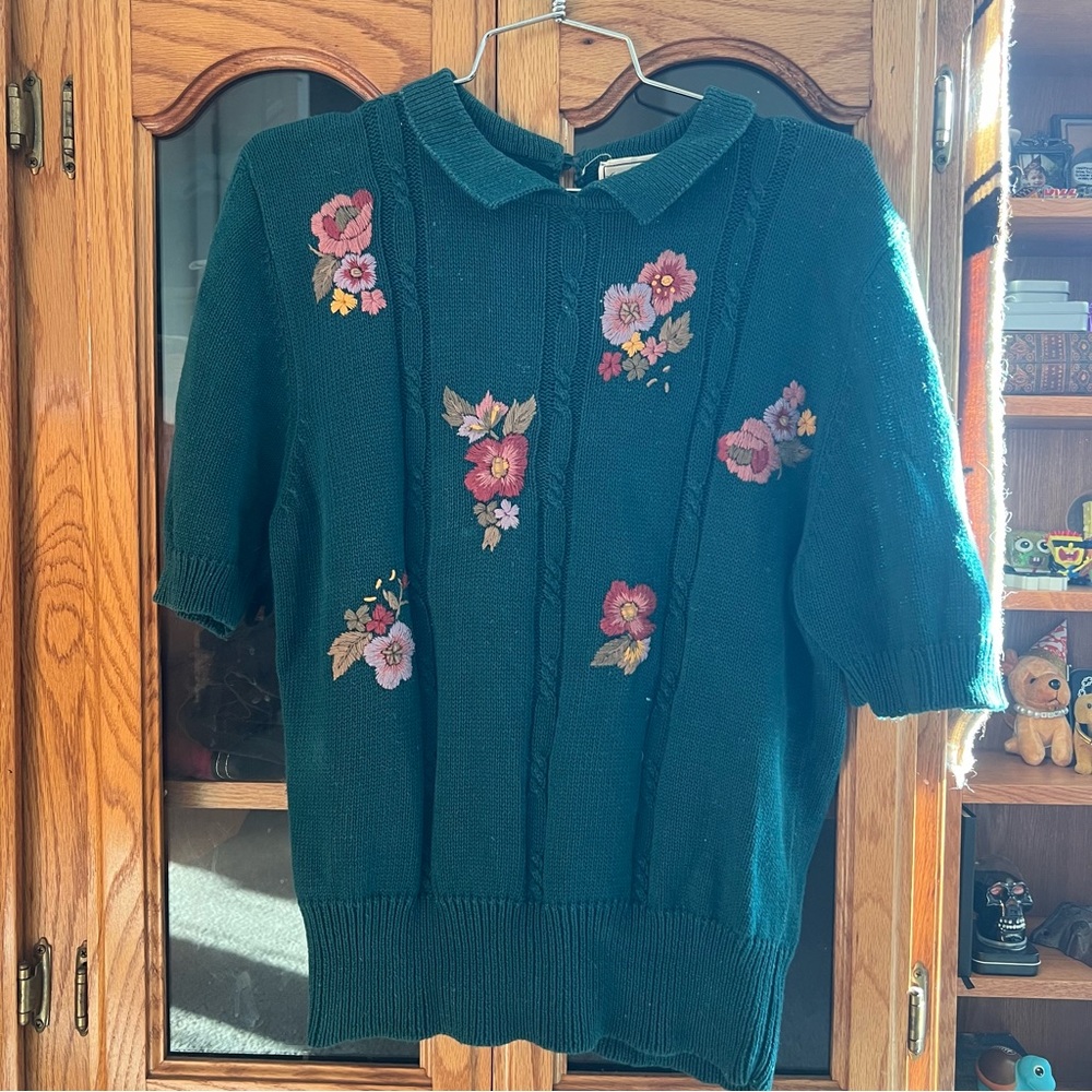 Vintage Evan Picone Teal Sweater with Floral Embroidery